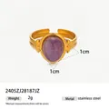 Gold plated stainless steel open ring featuring a polished oval purple natural stone - Amethyst (Gold Plated) / Purple/Gold