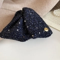 Detail of navy blue tweed bow hair claw with gold engraved button and silver sequins - Hair Claw - Blue