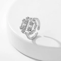 Close-up of octagonal silver ring featuring sparkling zircon inlay and ribbed detailing - Style 2 / Silver