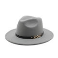 Detail view of grey wool felt fedora featuring black leather band and gold metal chain link - M (56-58cm) / Gray