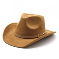 Primer plano de sombrero cowboy de gamuza caramelo con banda de cuero y hebilla dorada - M(56-58cm) / Caqui (Gamuza)