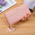 Pink glitter PU leather long zip wallet with tassel and bow pendant decoration - Pink