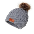 Winter grey knit beanie for kids with faux fur pom-pom and leather patch detail - Hat / Gray