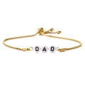 Macro shot of 14K gold-plated box chain bracelet with DAD letter beads and slider clasp - Gold Box Chain-White DAD