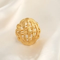 Detailed view of wide gold woven open ring on soft white silk background fabric - Round Hollow / Gold