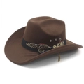 Detailed side view of brown wool western cowboy hat with ethnic band and feather - Brown