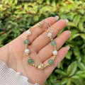 Detail of 18k gold beads, pearls, and green gemstones with Virgin Mary charm - Virgin Mary Pendant / Green Natural Stone / Green