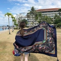 Dark blue square scarf with colorful paisley patterns for beach and holiday wear - Khaki-Dark Blue Multicolor Paisley / 180cm