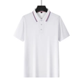 Detail shot of men's white polo shirt collar with red and blue striped trim and L size label - S / White