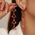 Sparkling red rhinestone long tassel earrings with gold-toned geometric fringe design - Gold Stepped Geometric Red Style