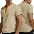Chemise Henley beige à manches courtes pour hommes avec col contrasté orange et maille texturée - Kaki