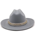 Cappello fedora in lana grigia con nastro bianco decorato da borchie e strass - M(56-58cm) / Grigio chiaro