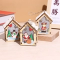 Three wooden Christmas house ornaments featuring snowman, Santa, and reindeer with glitter - Santa Claus/Snowman/Reindeer