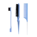 3-piece light blue hair styling set with teasing brush, tail comb and edge control brush - Fine-tooth Sky Blue