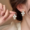 Elegant three-petal flower earrings with white enamel petals, crystal core, and hanging pearls - 11# Silver Earring Post - Gold - White