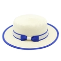 Women's straw boater sun hat with blue trim ribbon and bowknot on white background - Creamy White
