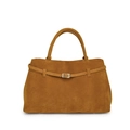 Brown faux suede tote bag with minimalist handle and stylish front strap buckle detail - Ginger Yellow