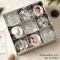 Set of 9 silver Christmas ornaments with Santa painting and faceted designs in a gift box - 9 Pieces Set / Silver