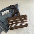 Brown canvas tote bag with white stripes and slim top handles for daily casual use - Brown