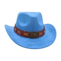 Himmelblauer Western-Cowboyhut aus Wildleder mit braunem Lederband und Ochsenkopfschnalle - Einheitsgröße / Blau