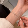 Double-layer silver chain bracelet with polished metal bead for a minimalist look - Silver Fine Ring Snake Metal Bead (MY35755)