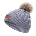 Bonnet en tricot gris pour enfant avec pompon en fausse fourrure et étiquette cuir - 40-50CM / Gris