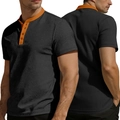 Korte mouw wafelgebreide Henley-shirt in antracietgrijs met oranje contrasterende kraag - S / Zwart