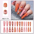 Halloween long ballerina press-on nails with orange glitter and pumpkin lantern designs - Orange Sparkle Pumpkin Smiley Style (CBLCY-375)
