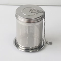 Detailed macro view of SUS 304 stainless steel tea infuser with fine mesh and drip tray - Extra Large Regular Style + Base