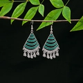 Close-up of bohemian tribal silver earrings with green enamel waves and small bell tassels - Silver Emerald Green Wave Bell(E5107-11)