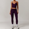 Women's dark purple recycled yoga set featuring V-neck cropped tank and high waist leggings - 8998 Vest + 8998 Skinny Jeans Grape Purple