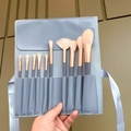 Blaues Make-up Pinselset mit grauen Griffen und Roségold-Zwingen in Beutel mit Schleife - Blue Bridge 10-teiliges Set + Einstecktasche