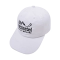 Detail of black embroidery on white cotton baseball cap with medical syringe heart icon - White
