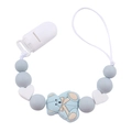Detail of light blue bear silicone pacifier clip with heart beads and plastic fastener - Grey Blue