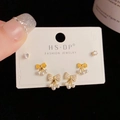 Three-pair gold earring set featuring yellow bow motifs, pearls, and sparkling zircons - Pearl Bowtie Set (116#)
