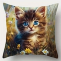 Linen pillowcase with artistic cat illustration and flowers for sofa decoration - Style 6 / 45*45cm (No Core)