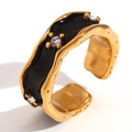 Irregular 18K gold plated open ring with black enamel and micro-inlaid stones - Rhinestone Open Irregular Enamel Ring-Gold Black