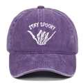 Detail of white Stay Spooky embroidery on vintage washed purple cotton baseball cap - Adjustable / Purple