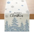 Polyester table runner with blue Christmas trees and Merry Christmas print - Blue Snow Scene Xmas Tree (ZQ28-4)