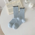 Light blue mesh crew socks with ribbed texture and dark grey lace frill edges - One Size / Blue