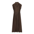 Elegantes dunkelbraunes ärmelloses Maxikleid mit Reverskragen und Gürtel mit Rundschnalle - S / Kaffeebraun