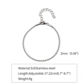 Adjustable 2mm silver twisted rope bracelet made of 316 stainless steel for men and women - 2mm / Steel