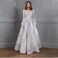 Elegant white lace embroidery evening gown with deep V-neck and sequins for formal events - S / White