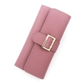 Elegant dusty pink long tri-fold wallet in pebbled PU leather with gold buckle - Rose Red