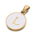 Golden round stainless steel letter L pendant with white enamel drip finish - Letter L