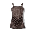 Brown satin square neck sleeveless dress with ruching and corset waist detail - S / Coffee
