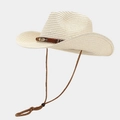 Western straw cowboy sun hat with feather charm and adjustable chin strap for beach travel - M (56-58cm) / Off White