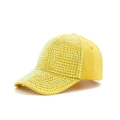 Close-up of sparkling rainbow rhinestones on a vibrant yellow cotton baseball cap - Yellow