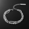 Bracciale hip hop a doppio strato in acciaio argento con gemma rettangolare e tag - Bracciale a doppio strato / Argento