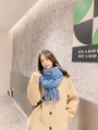 Soft blue solid wool blend scarf with fringe paired with a beige winter coat - Sky Blue Heather